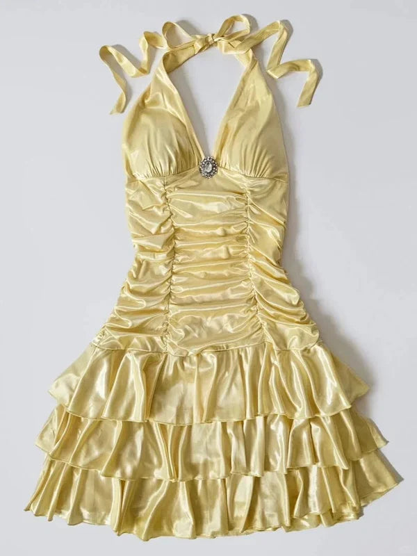Retro Halter Yellow A-Line Satin Short Homecoming Dress
