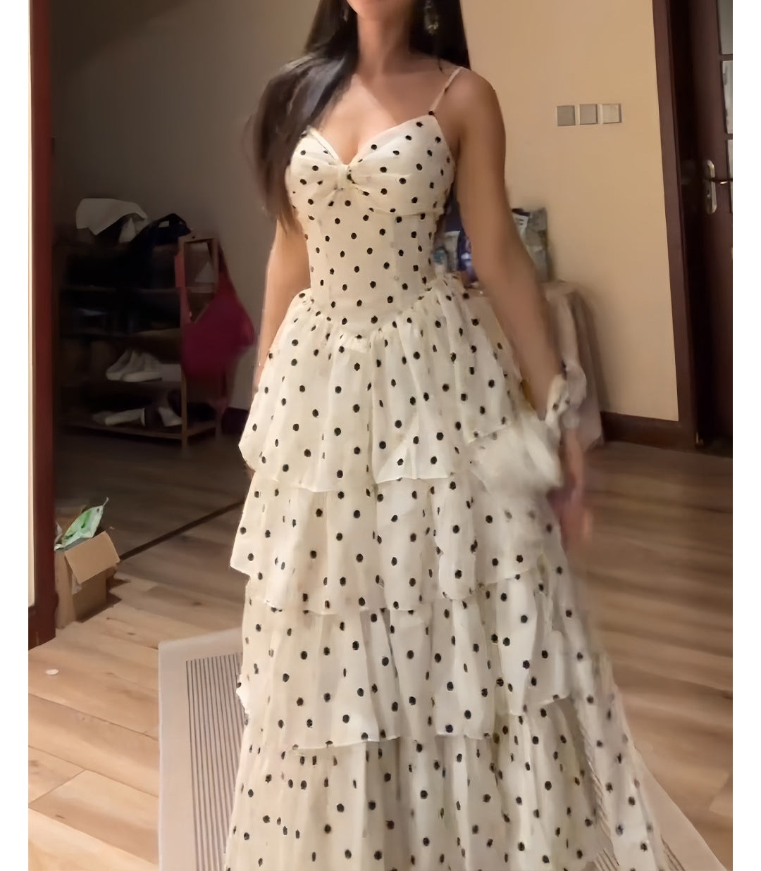 Retro Polka Dots A-Line Layered Prom Dress Chiffon Formal Dress