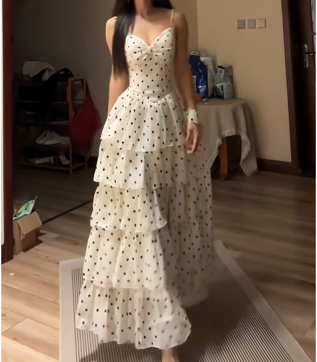 Retro Polka Dots A-Line Layered Prom Dress Chiffon Formal Dress