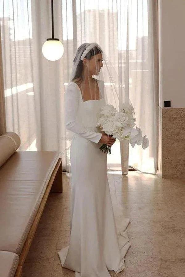 Retro Satin Long Sleeves Sweep Train Sheath Wedding Dress Bridal Gown (ZD16190)