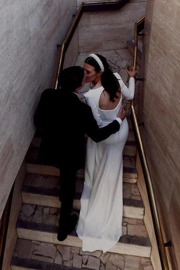 Retro Satin Long Sleeves Sweep Train Sheath Wedding Dress Bridal Gown (ZD16190)