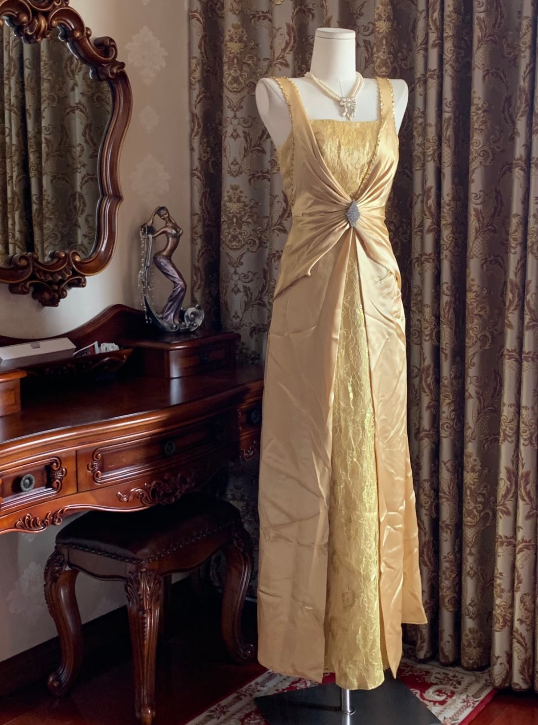 Retro Yellow Satin Prom Dress Lace Formal Evening Dress