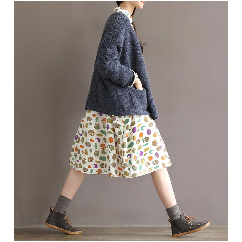Retro Print Linen Dress Large Pocket Floral Sundress Cotton Traveling Dresses