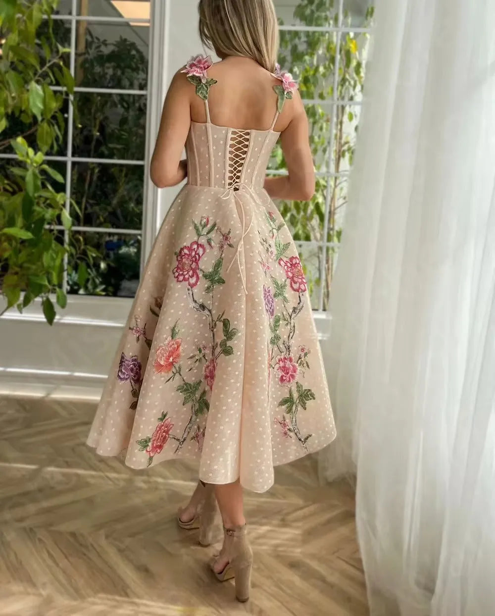 Elegant Prom Dress Spaghetti Strap 3D Flower Appliques Ruched Tea-Length Gowns Homecoming Dress Graduation Party