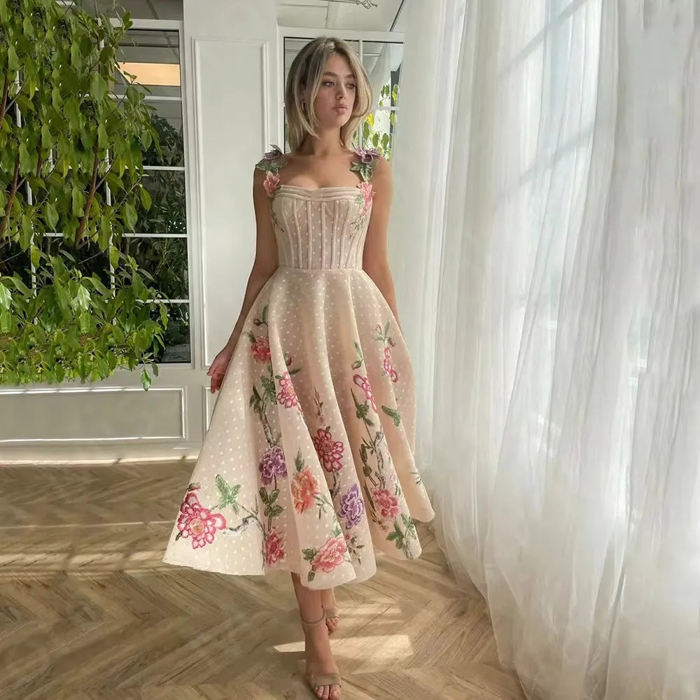 Elegant Prom Dress Spaghetti Strap 3D Flower Appliques Ruched Tea-Length Gowns Homecoming Dress Graduation Party