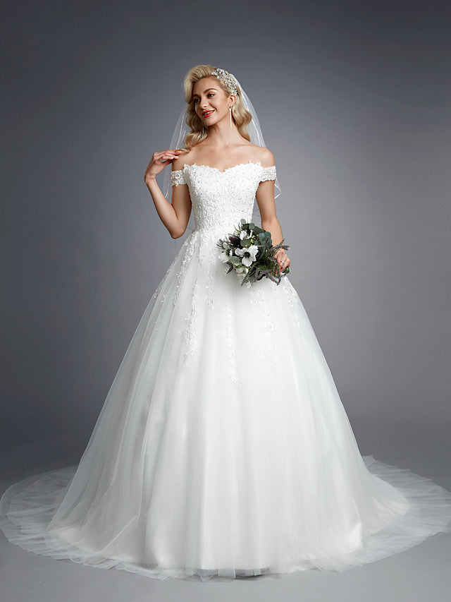Romantic Ball Gown Wedding Dress Off Shoulder Lace Tulle Short Sleeve Sparkle & Shine Bridal Gowns with Court Train