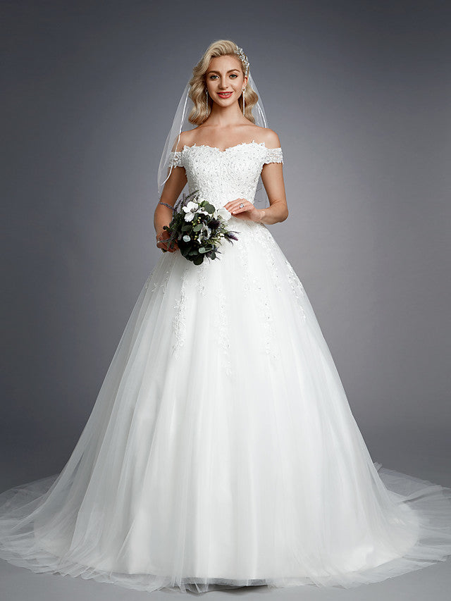 Romantic Ball Gown Wedding Dress Off Shoulder Lace Tulle Short Sleeve Sparkle & Shine Bridal Gowns with Court Train