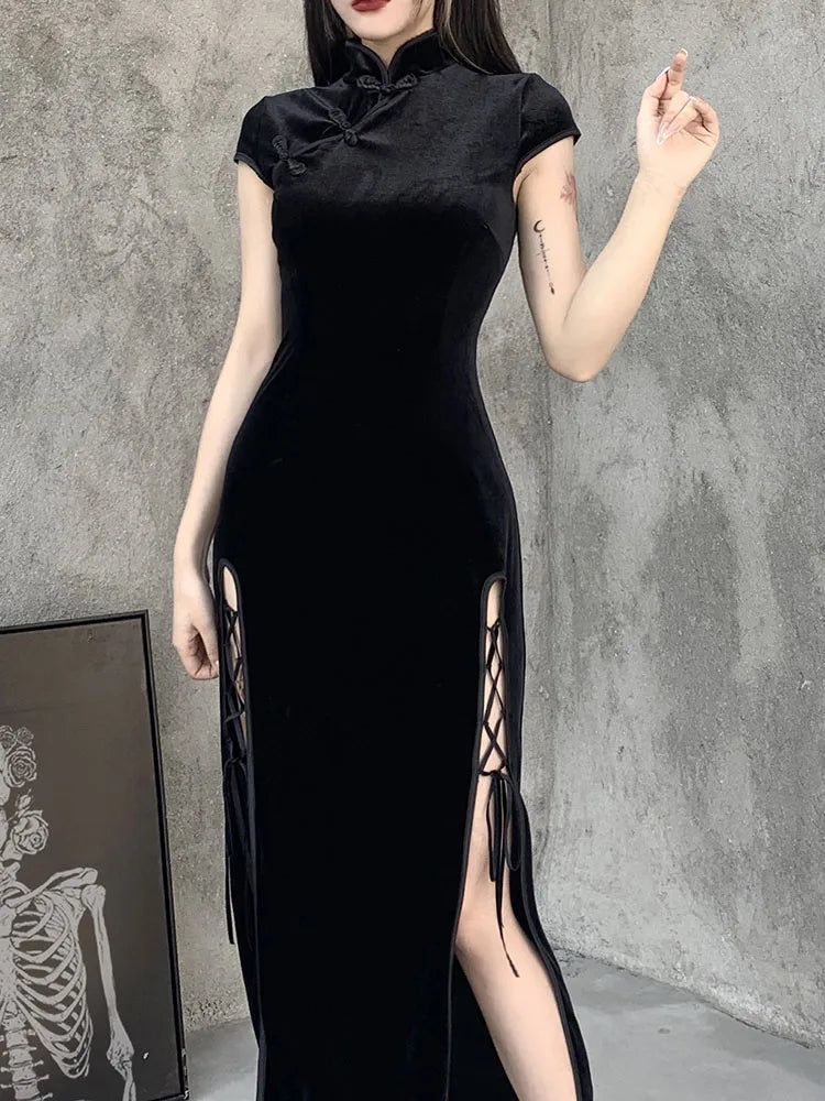 Gothic Velvet Slit Black Midi Dress - View 4 | VelvetHem