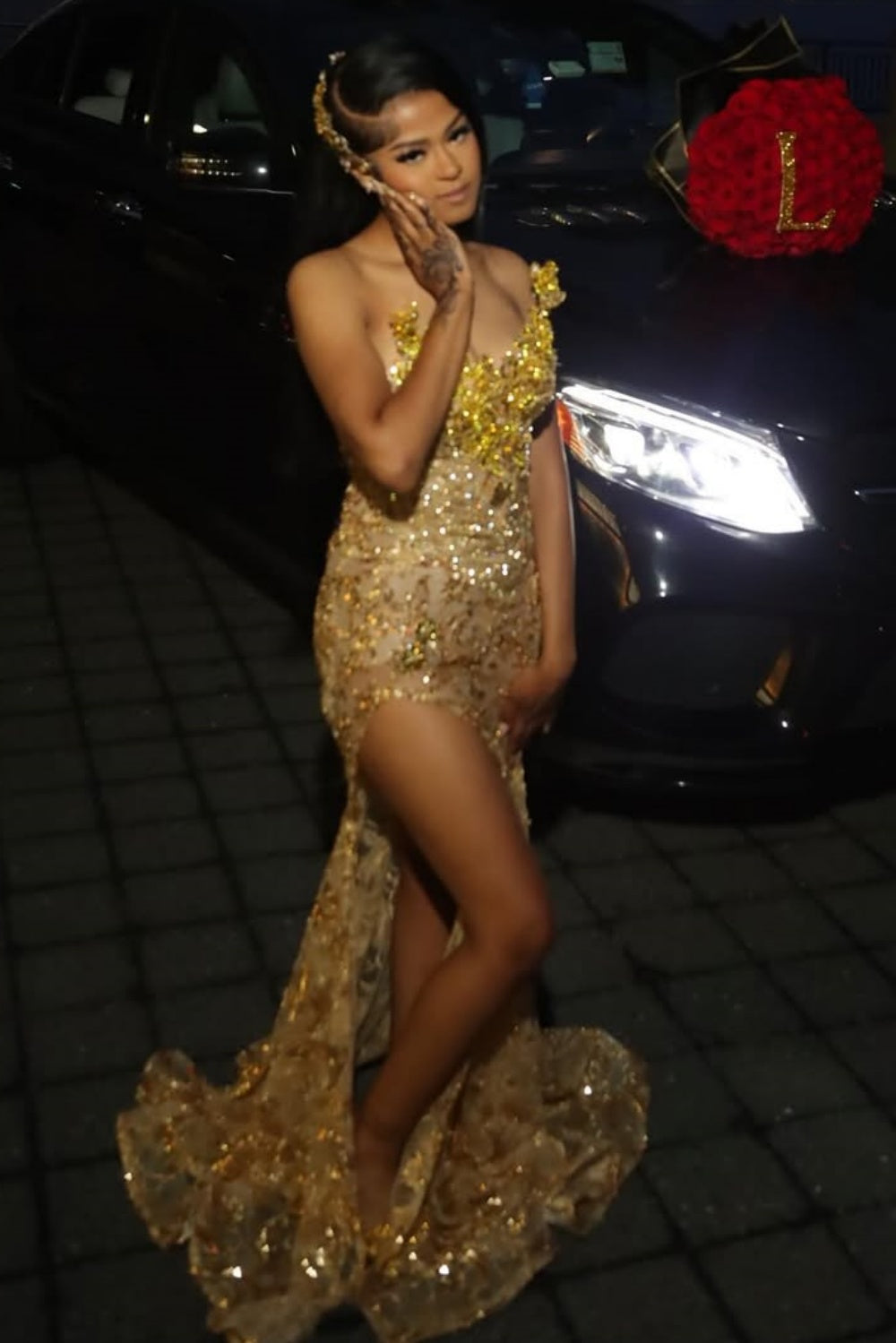 Romantic V-Neck Strapless Sleeveless Mermaid Prom Dresses Sheath Gem With High Split