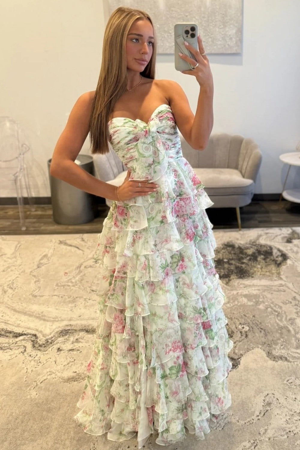 Gorgeous A Line Sweetheart Ivory Floral Printed Long Prom Dress with Ruffles