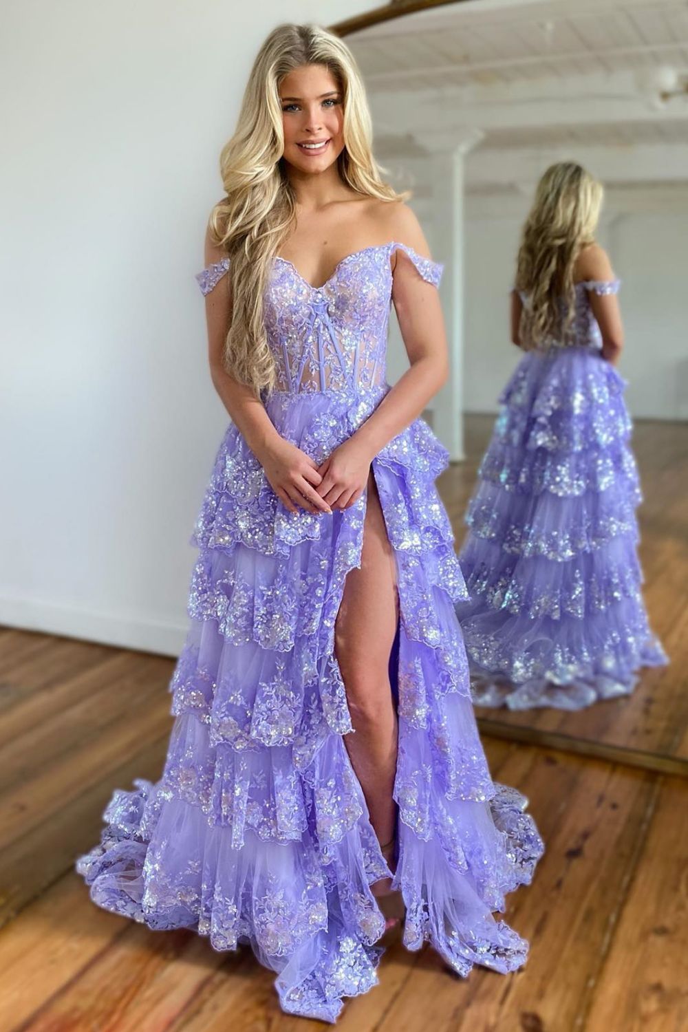 Sparkly Hot Pink A-Line Off The Shoulder Long Tiered Prom Dress With  Appliques