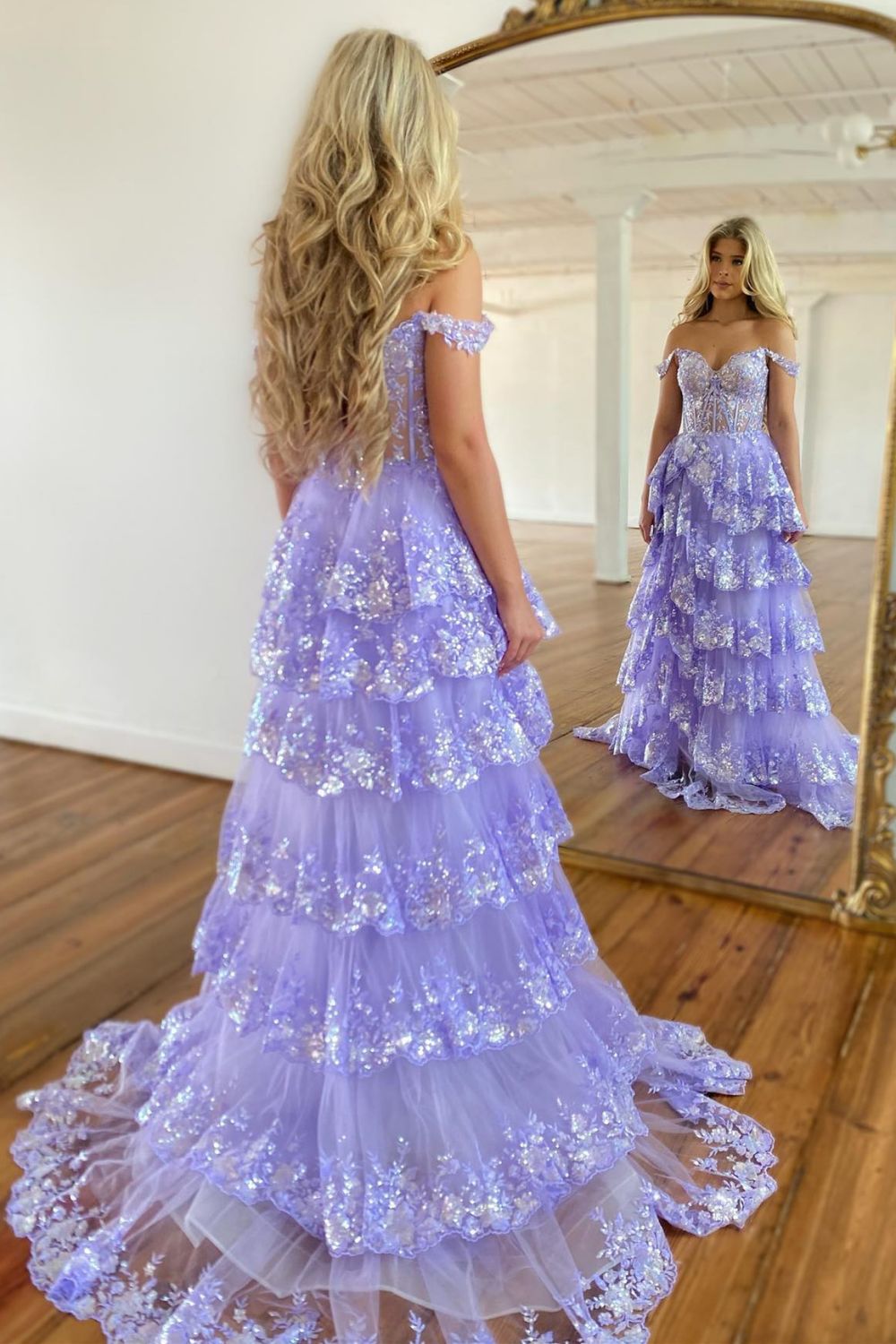 Sparkly Hot Pink A-Line Off The Shoulder Long Tiered Prom Dress With  Appliques