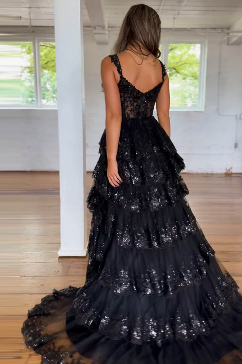 Sparkly Hot Pink A-Line Off The Shoulder Long Tiered Prom Dress With  Appliques