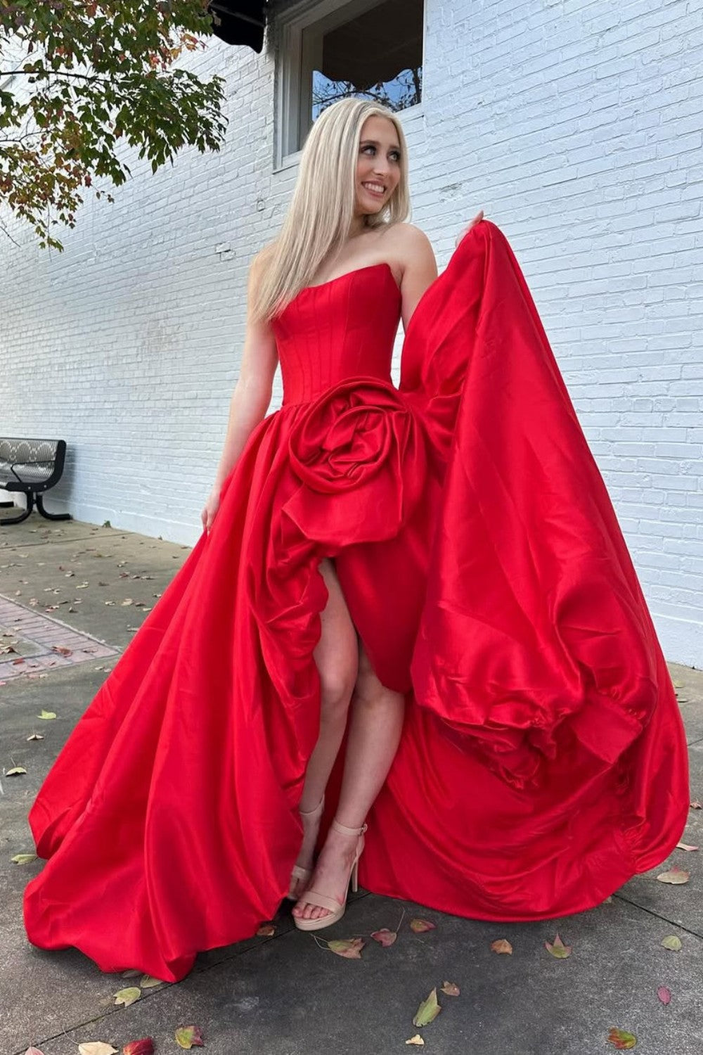 Trendy A Line Strapless Red Corset Prom Dress with 3D Flowers