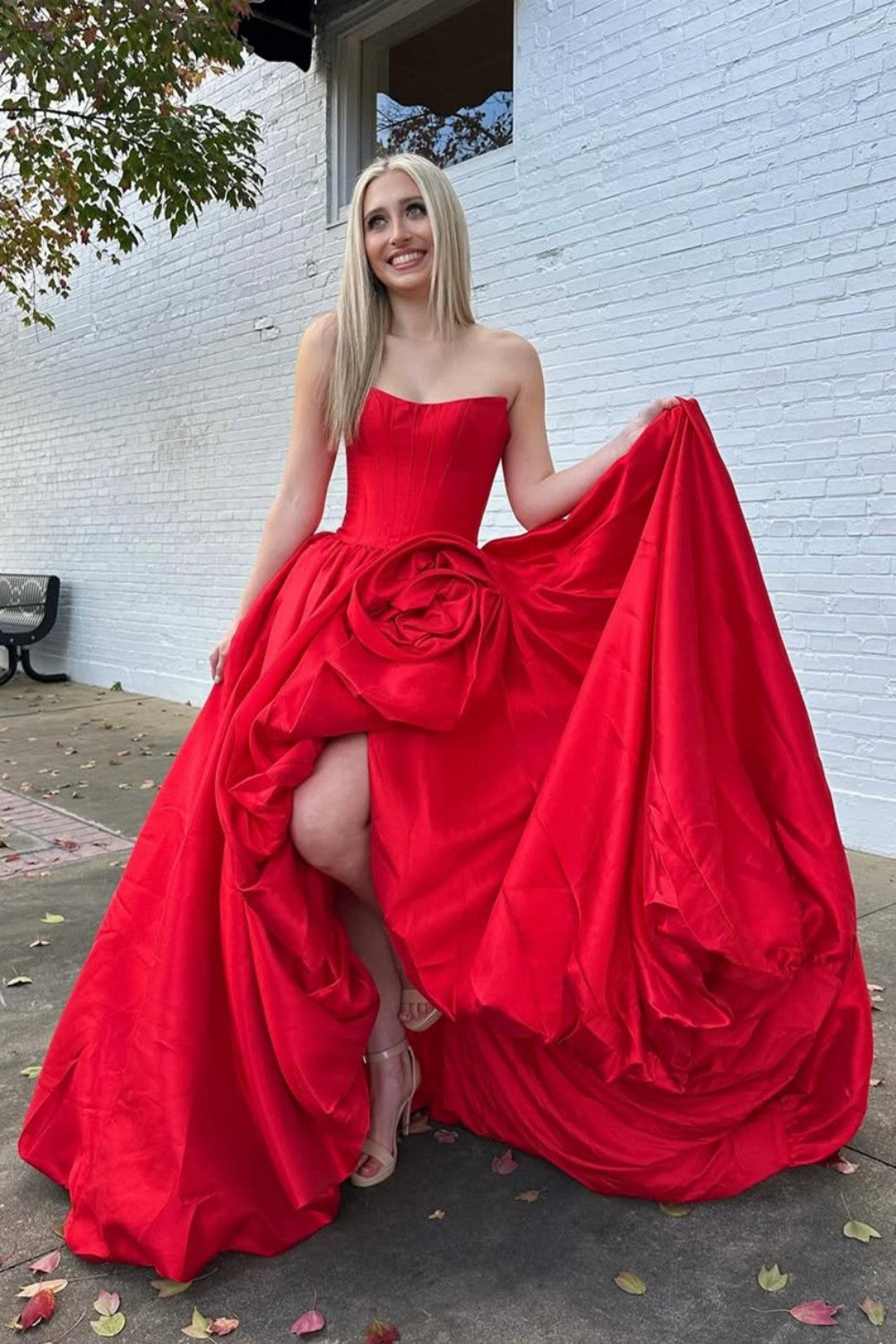Trendy A Line Strapless Red Corset Prom Dress with 3D Flowers