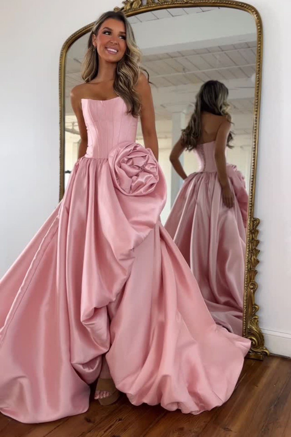 Trendy A Line Strapless Red Corset Prom Dress with 3D Flowers