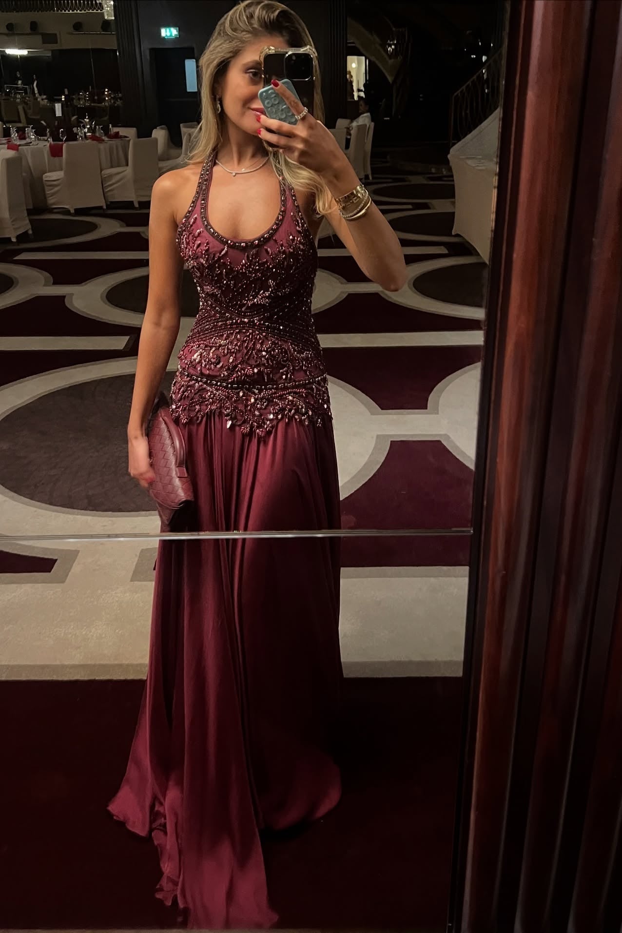 Gorgeous A Line Halter Neck Burgundy Long Party Dress with Beading Ruffles