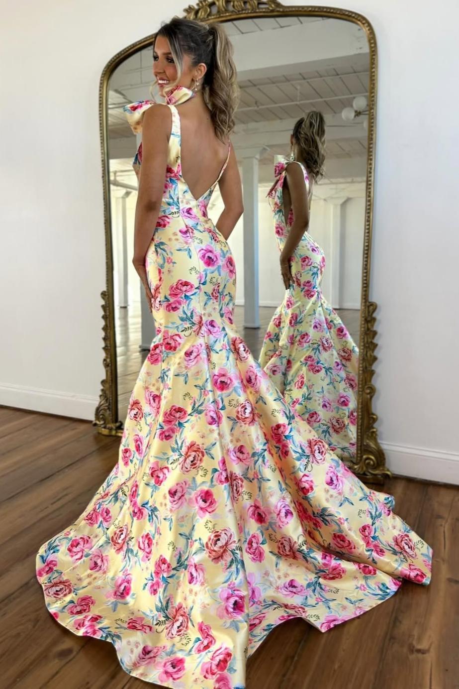 Romantic Bloom Mermaid V Neck Yellow Prom Dress with Bow Shoulders & Open Back