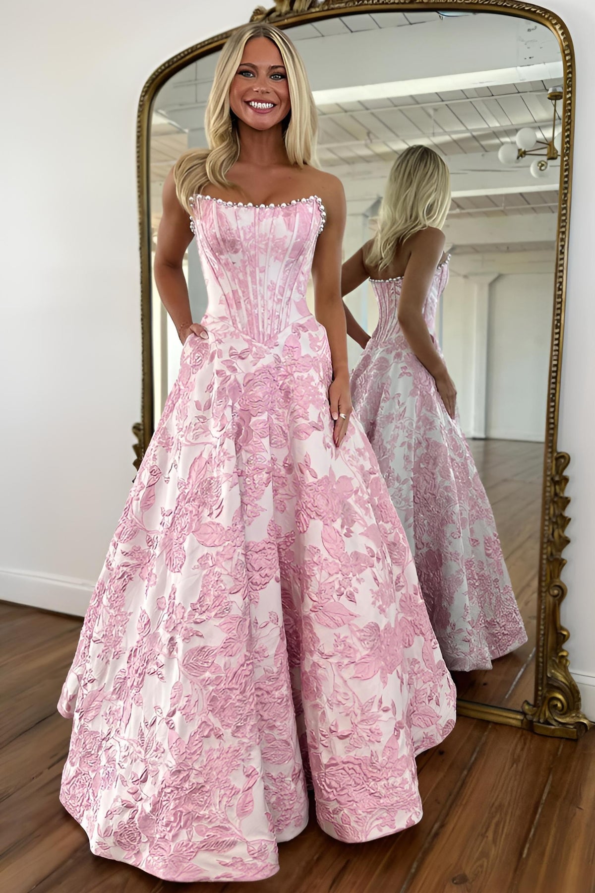 Stunning A Line Strapless Purple Floral Printed Long Prom Dress with Pearls - View 2 | FashionDia