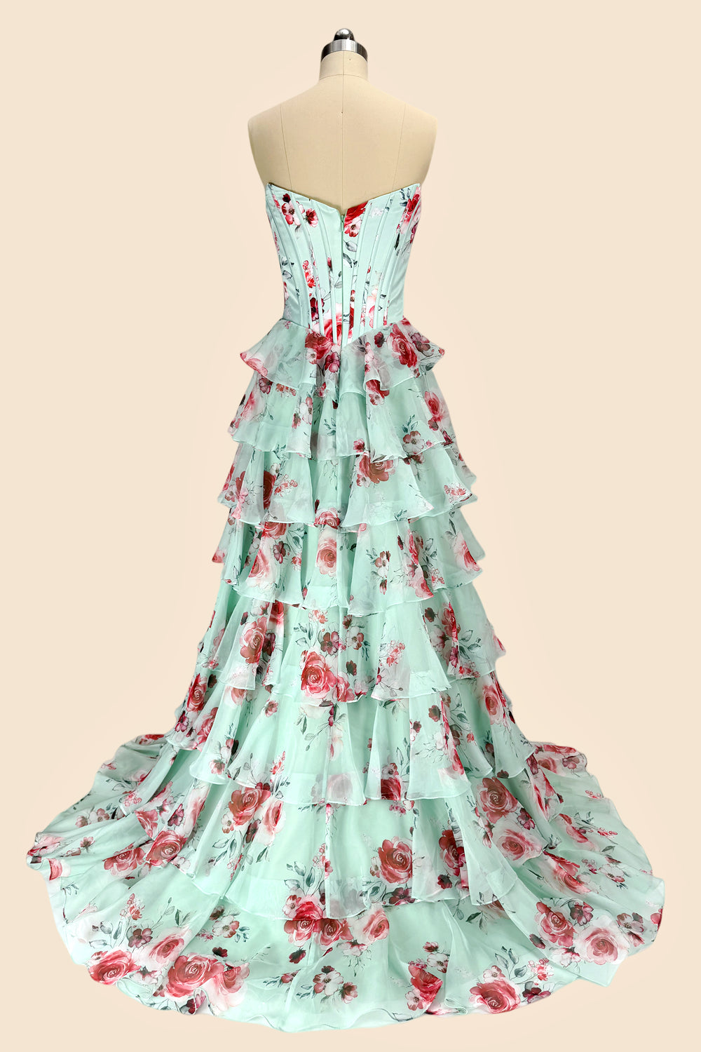 Sweety A Line Sweetheart Floral Print Mint Green Corset Prom Dress with Layered Skirt