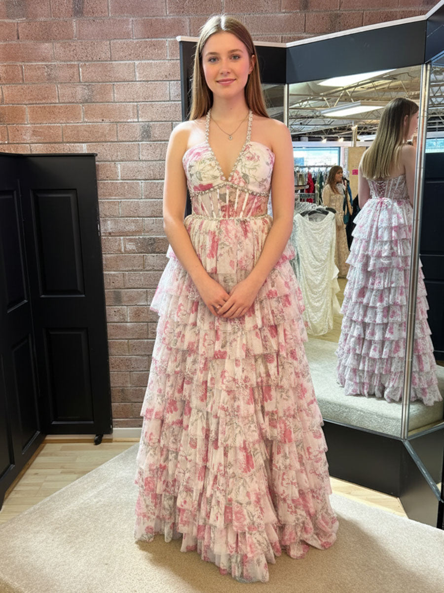 Romantic Floral Ruffle Prom Dress with Beaded Halter Corset