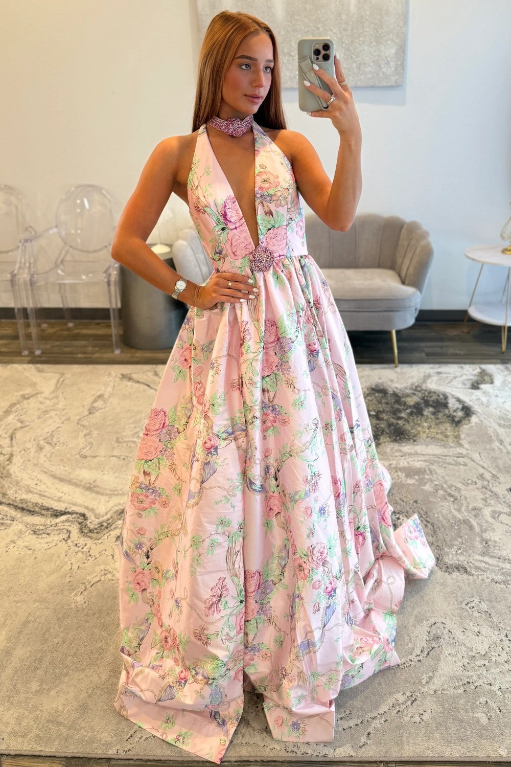 Charming A-Line Halter Neck Pink Floral Printed Long Prom Dress with Beading - FashionDia