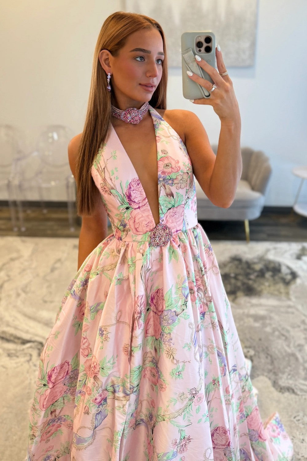Charming A Line Halter Neck Pink Floral Printed Long Prom Dress with Beading