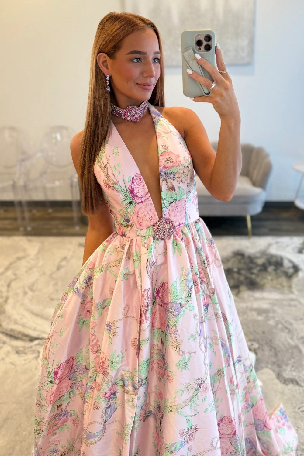 Charming A Line Halter Neck Pink Floral Printed Long Prom Dress with Beading