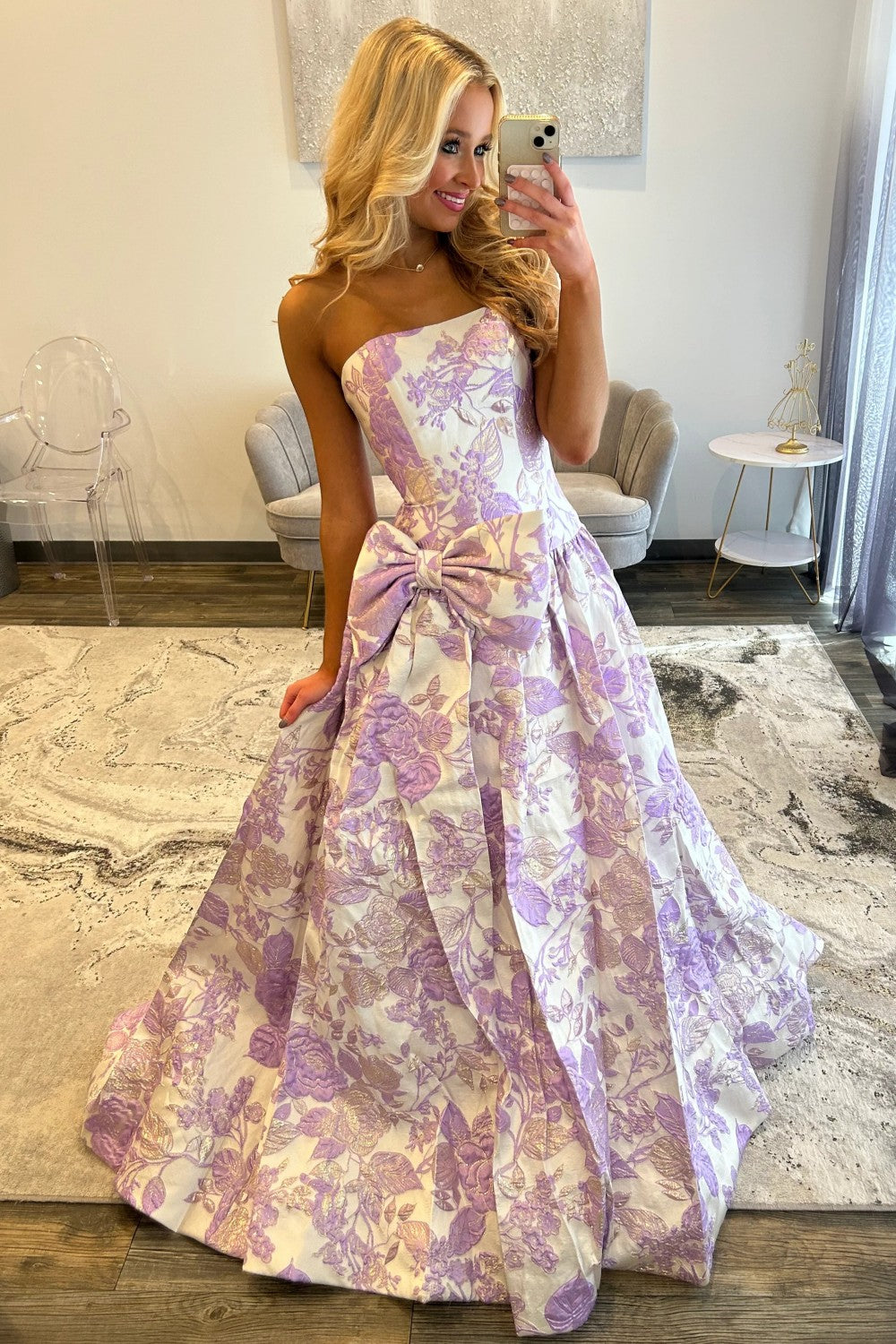 Romantic A Line Strapless Purple Floral Printed Long Prom Dress with Bowknot
