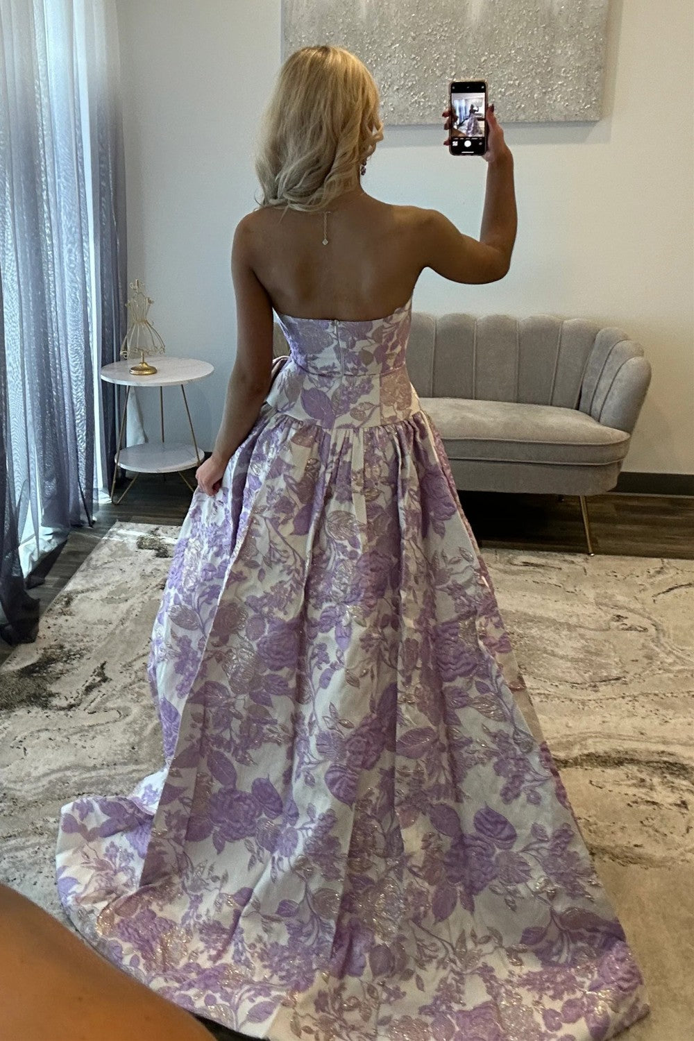 Romantic A Line Strapless Purple Floral Printed Long Prom Dress with Bowknot