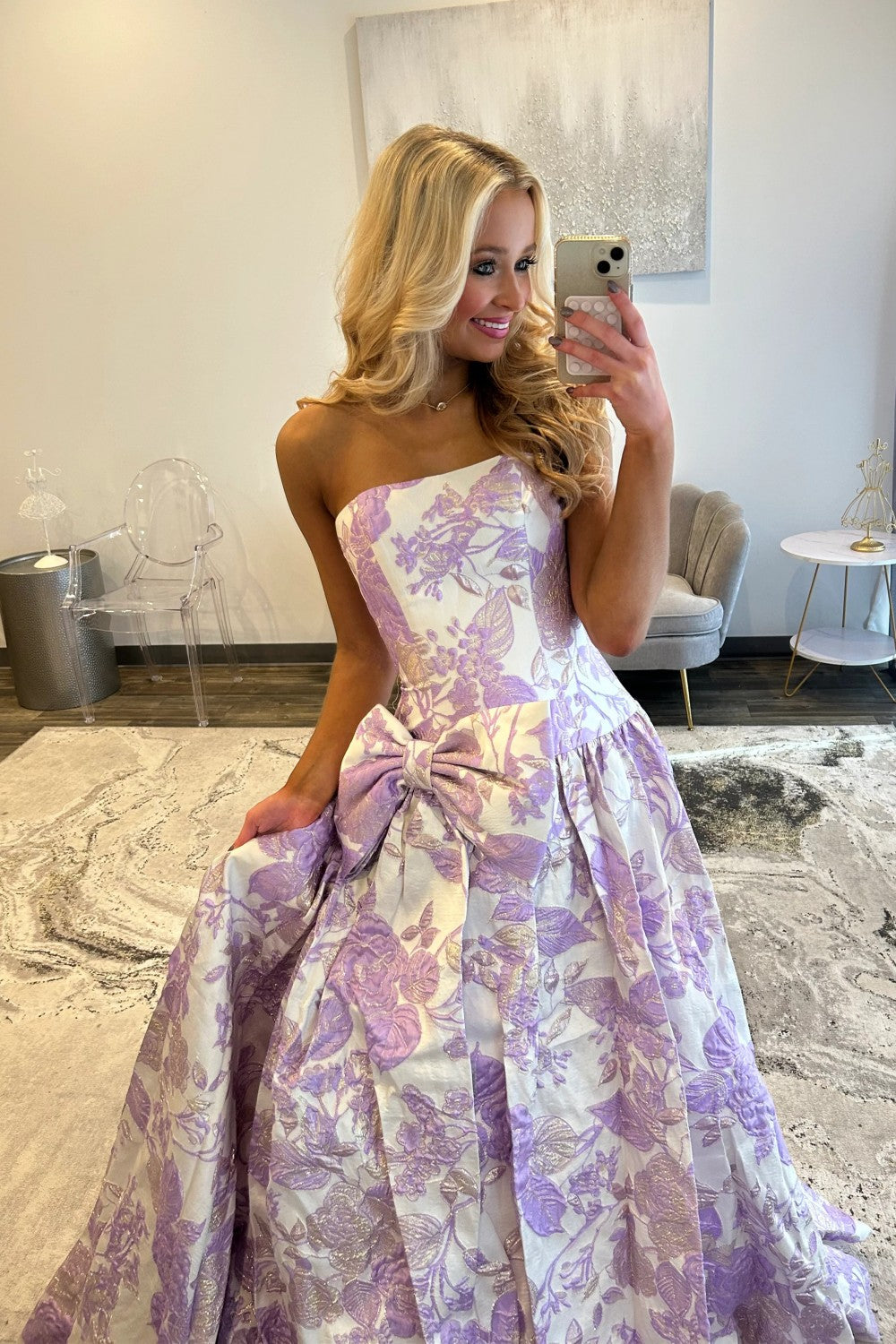 Romantic A Line Strapless Purple Floral Printed Long Prom Dress with Bowknot