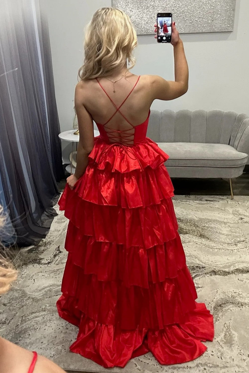 Stunning A Line Spaghetti Straps Red Long Prom Dress with Criss Cross Back