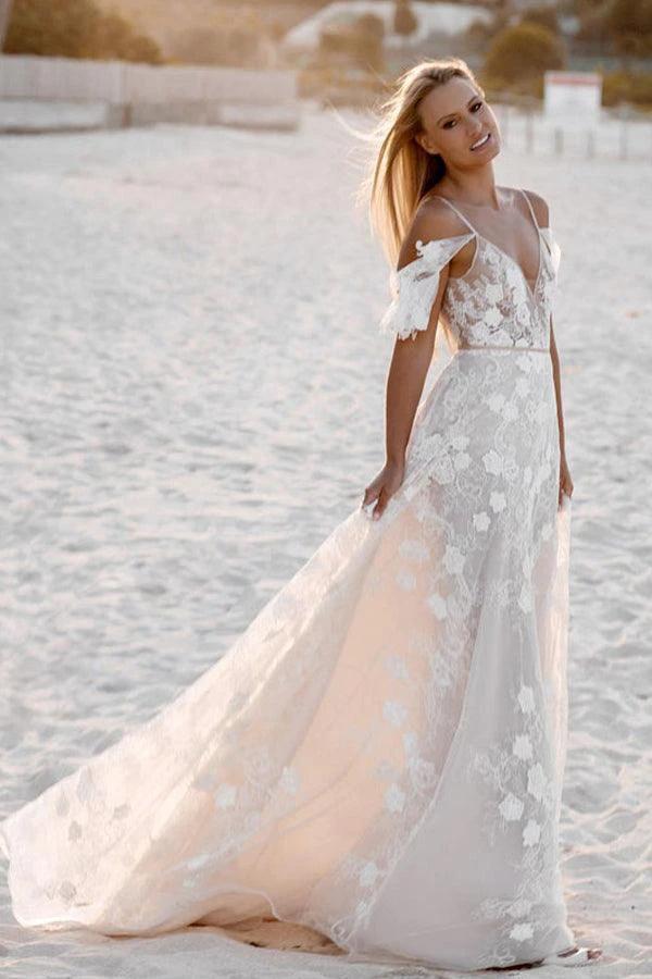 Romantic Spaghetti Straps Floral Lace Beach Wedding Dresses WD591 by pgmdress