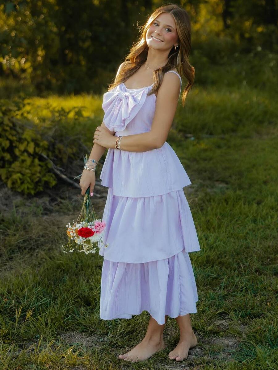 Romantic Tiered Long Prom Dress with Bow Detail