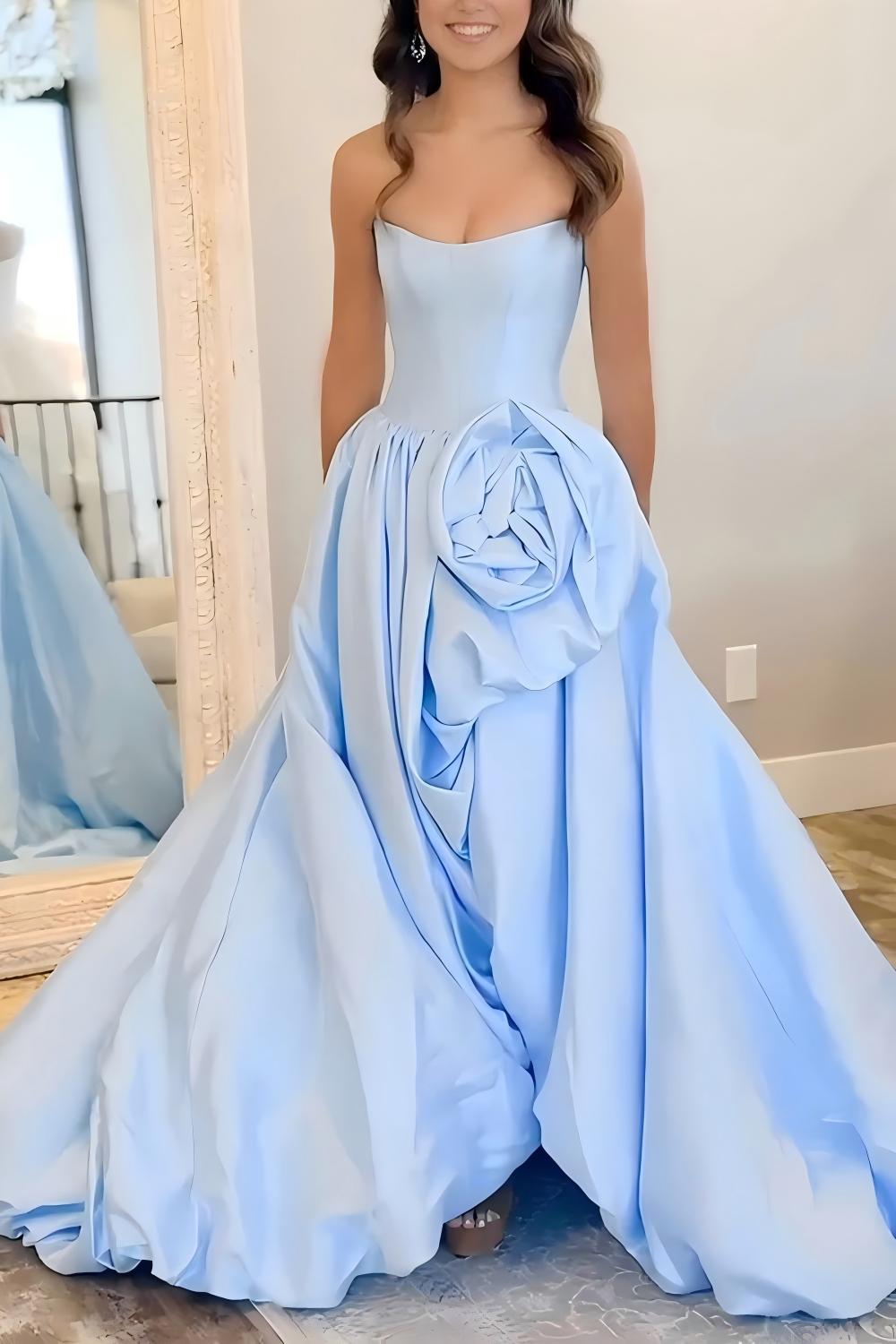 Trendy A Line Strapless Red Corset Prom Dress with 3D Flowers