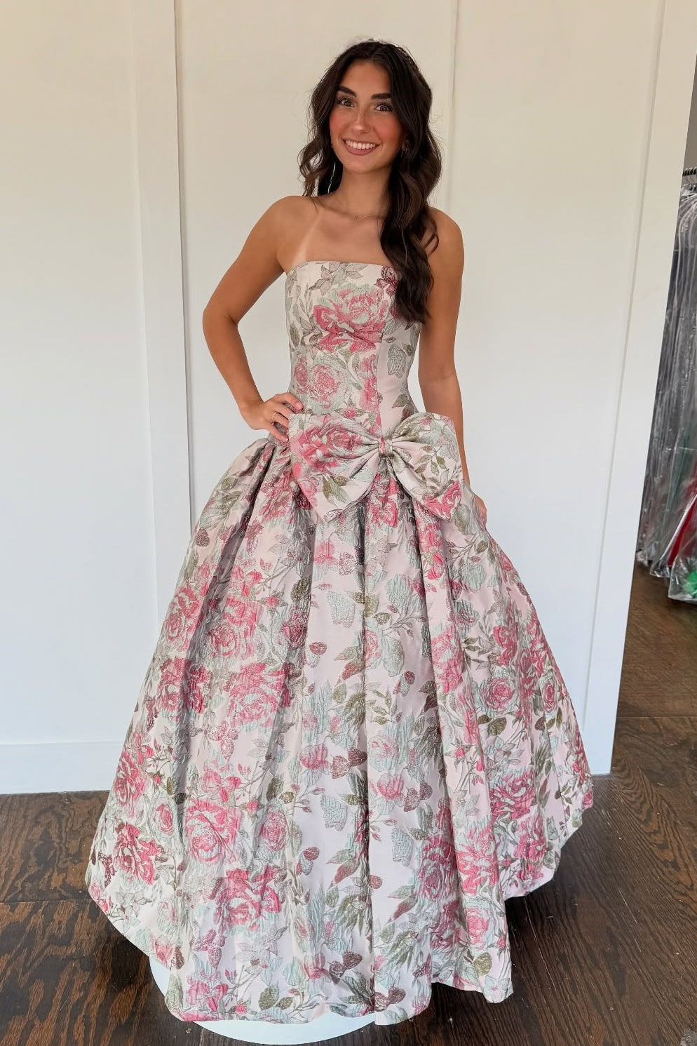 Romantic A Line Strapless Purple Floral Printed Long Prom Dress with Bowknot