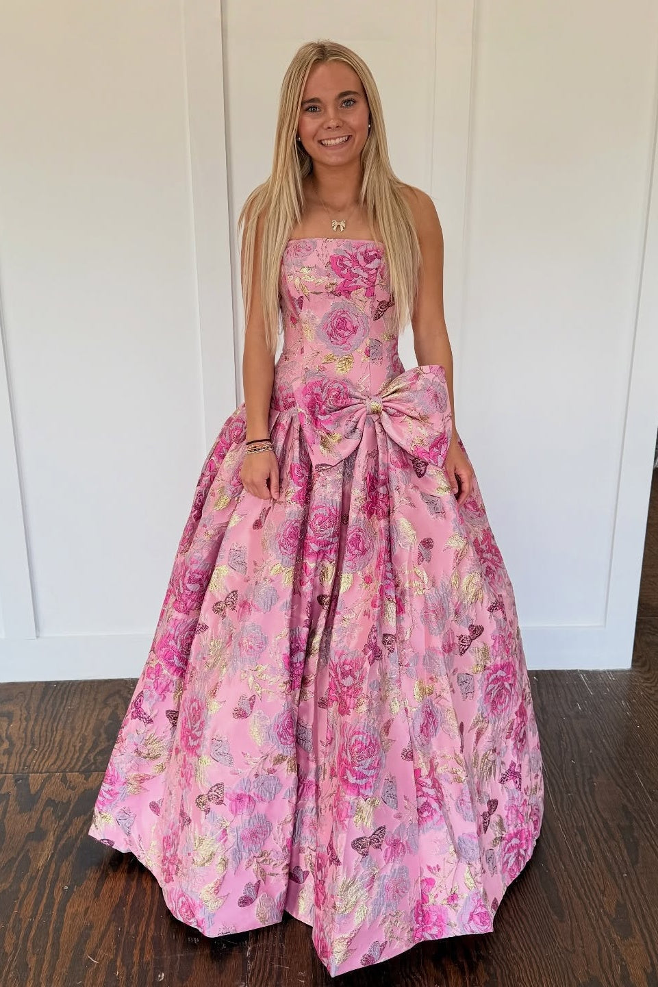 Romantic A Line Strapless Purple Floral Printed Long Prom Dress with Bowknot