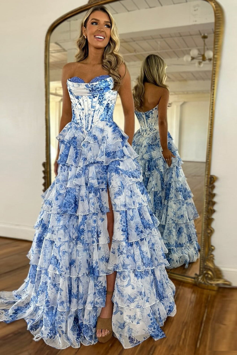 Stunning Pink A-Line Sweetheart Long Print Tiered Prom Dress with Leg Slit
