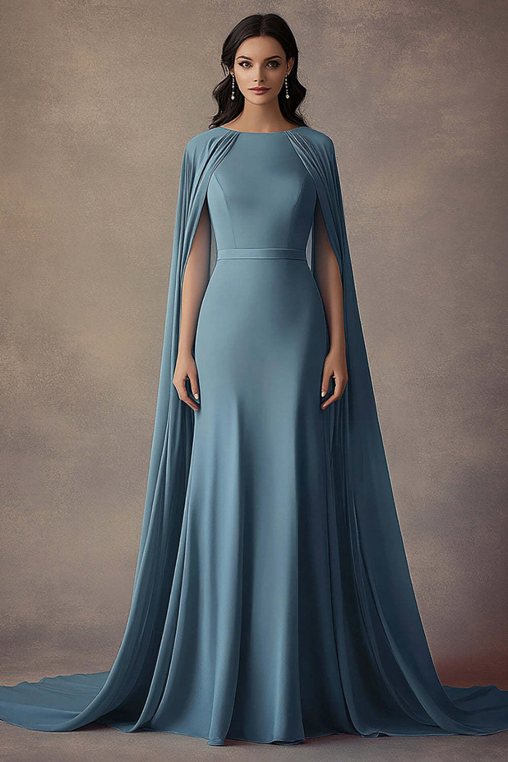 Round Neck Long Ruched Grey Blue Wedding Guest Dress Formal Dress With Shawl