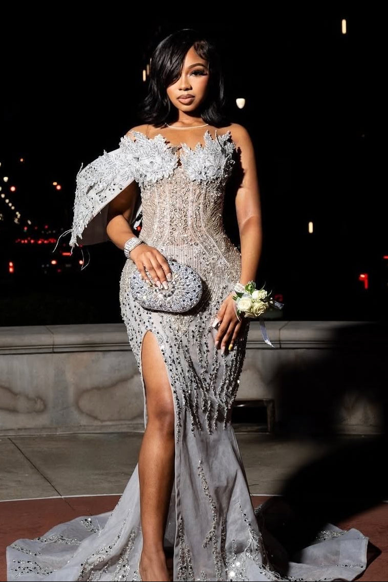 Round neck Silver Mermaid High Split One-Shoulder Court Train Prom Dresses