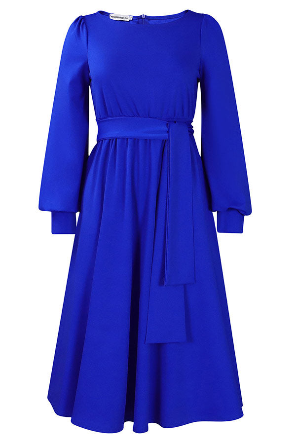 Royal Blue Long Sleeves A-Line Midi Dress - Fashionpara