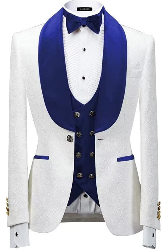 Royal Blue Shawl Lapel 3 Piece New Arrival Jacquard Wedding Suit
