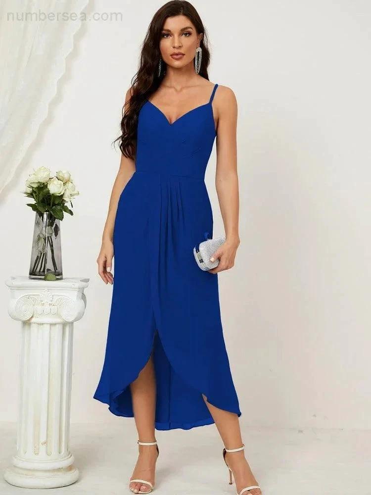 ZapDress Spaghetti Chiffon V Neck Bridesmaid Dress Mid-Length Slit Formal Prom Dress Homecoming Dress 2803 (ZD16952)