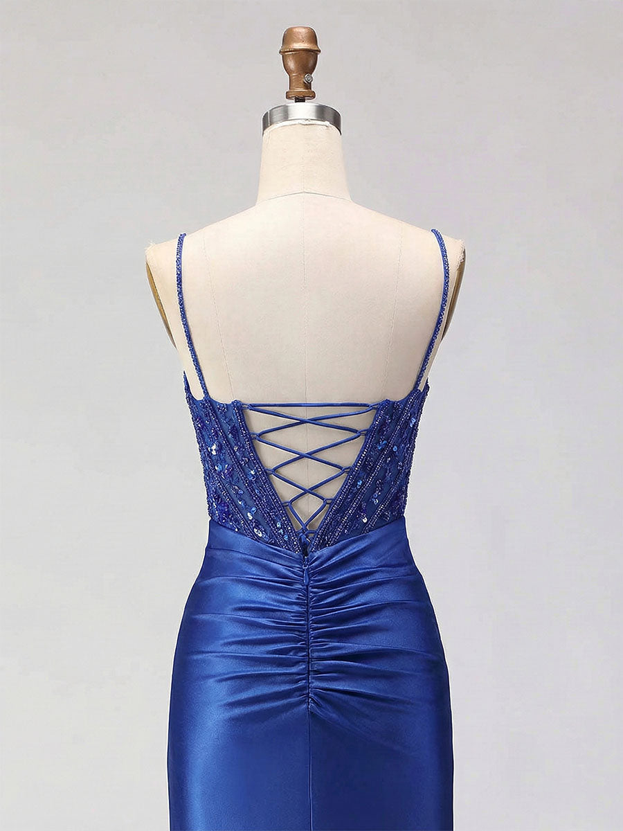 Royal Blue Beaded Corset Satin Prom Dress with High Slit