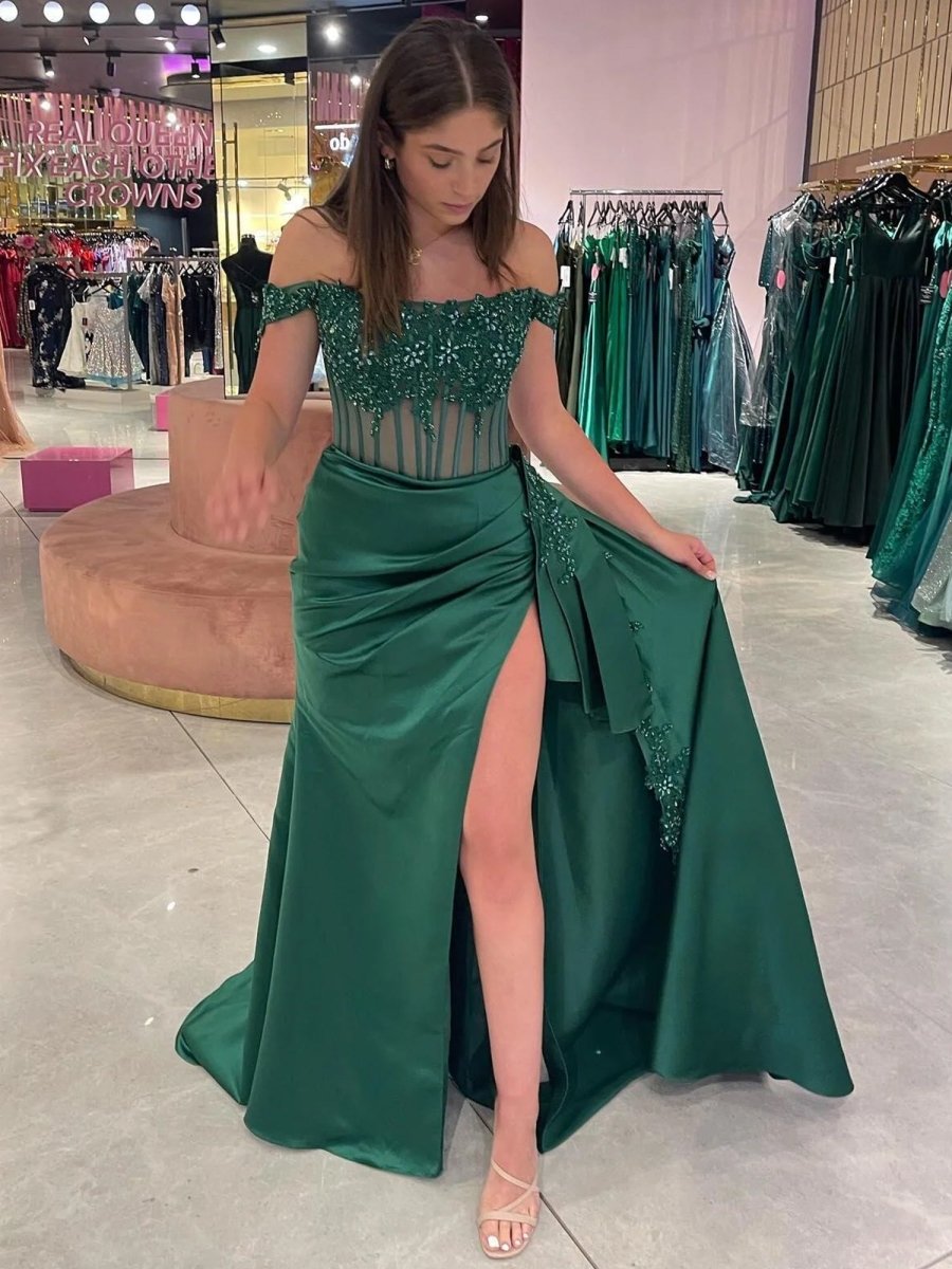 Royal Blue Off the Shoulder Satin Beaded Long Prom Dress with Appliques