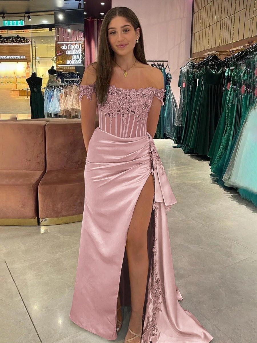 Royal Blue Off the Shoulder Satin Beaded Long Prom Dress with Appliques