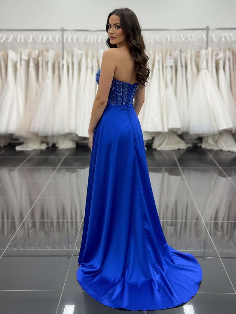 Royal Blue Satin A-Line Beaded Corset Bodice Prom Dress with High Slit