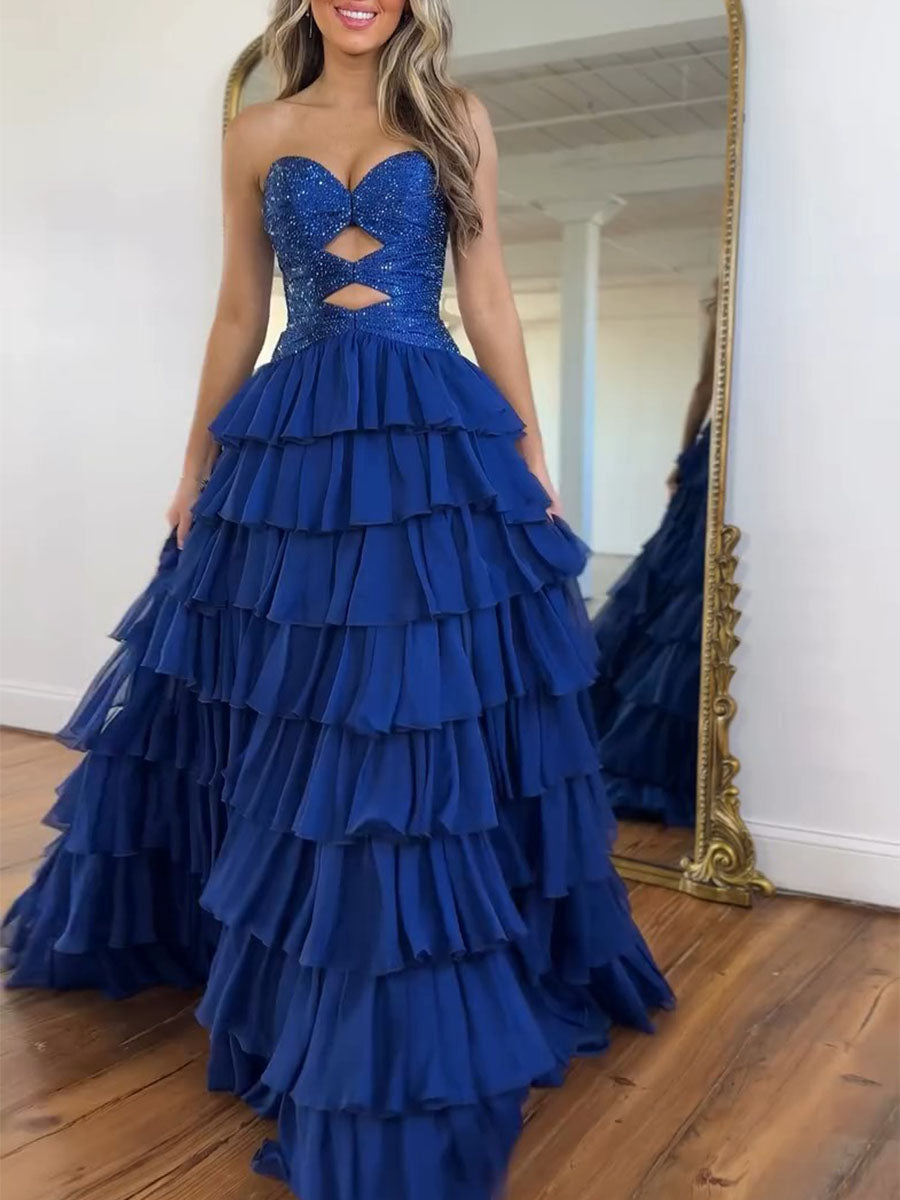 Royal Blue Sequined Cutout Tiered Ruffle Prom Dress with Slit