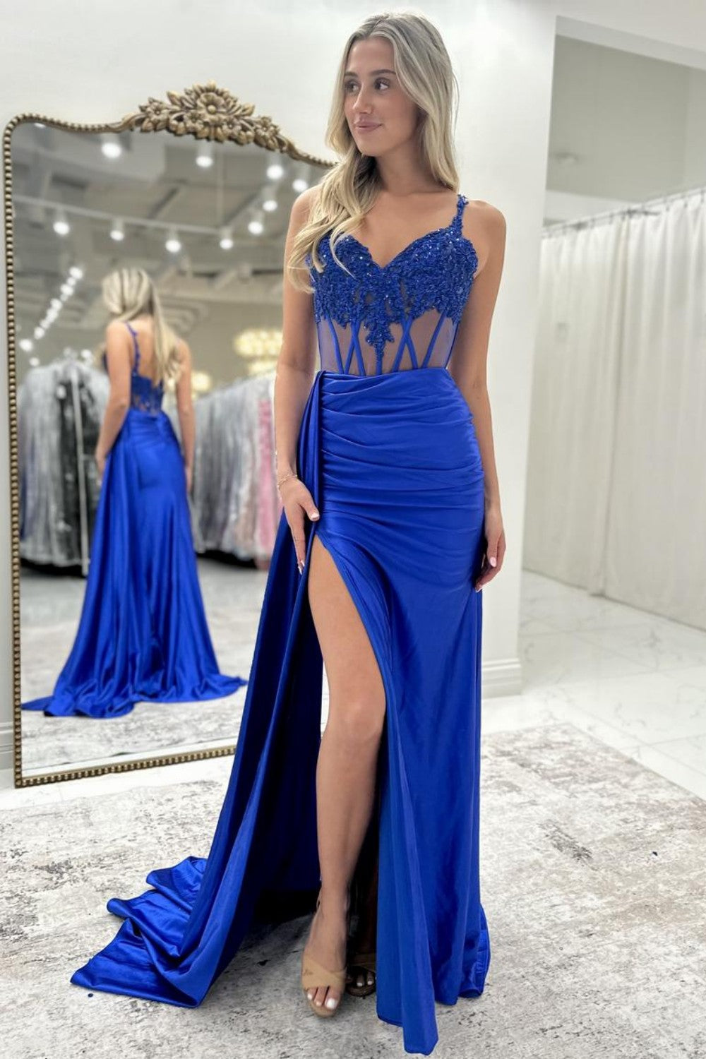 Gorgeous Mermaid Spaghetti Straps Royal Blue Corset Prom Dress with Appliques