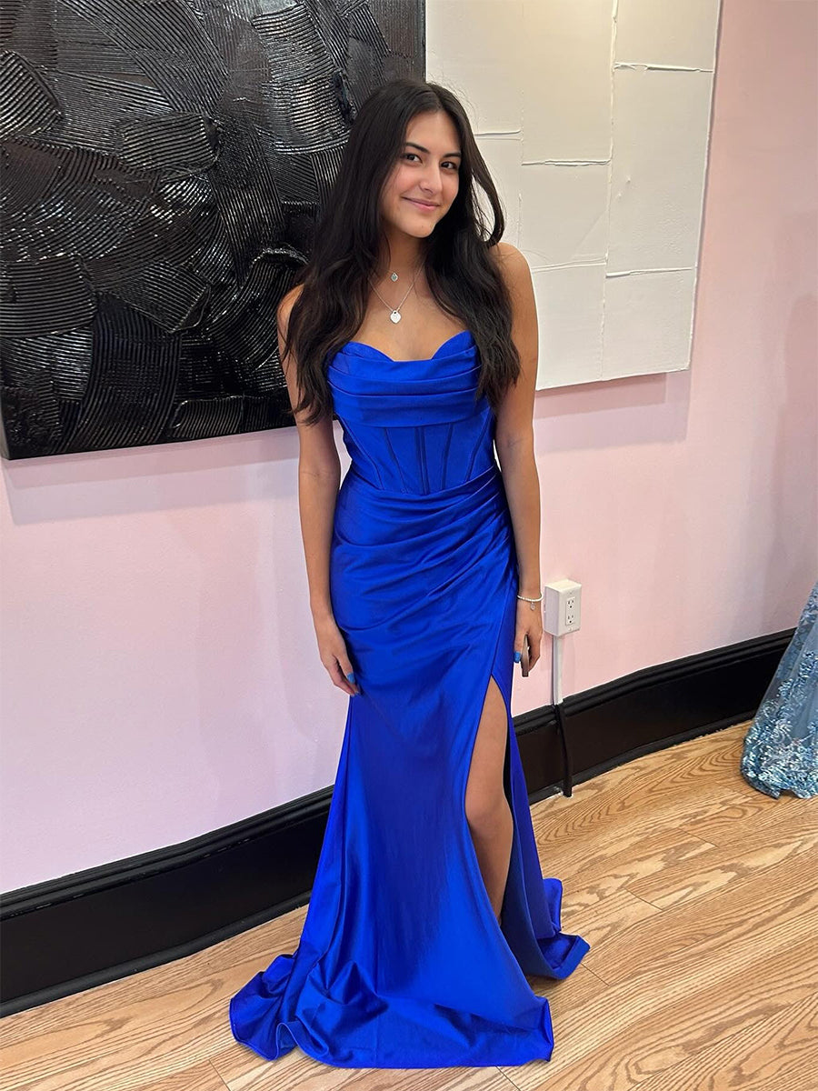 Royal Blue Strapless Cowl Neckline Corset Bodice Satin Prom Dress - FashionDia